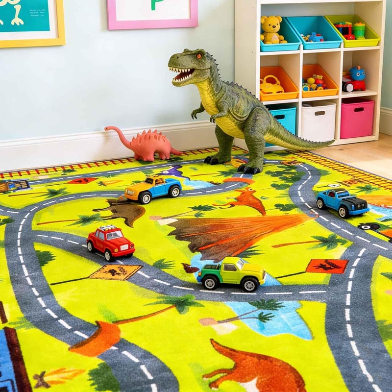 LIVEBOX Jurassic Park Kids Rug with Road Tracks - Dinosaur Themed Play Mat for Toy Cars, Non-Slip and Machine Washable Carpet for Playroom (3x5 FT) - Image 3